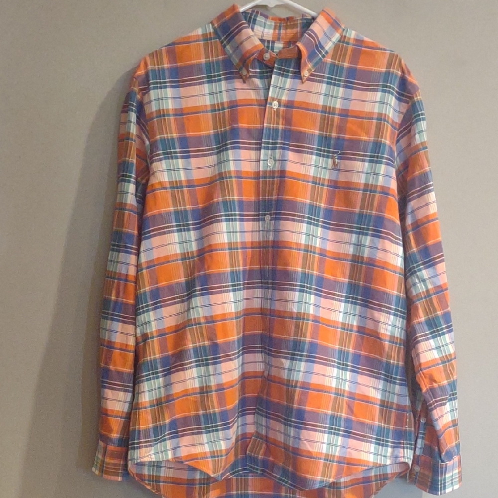Ralph Lauren Mens Large Orange and Blue Plaid Cotton Button Down
